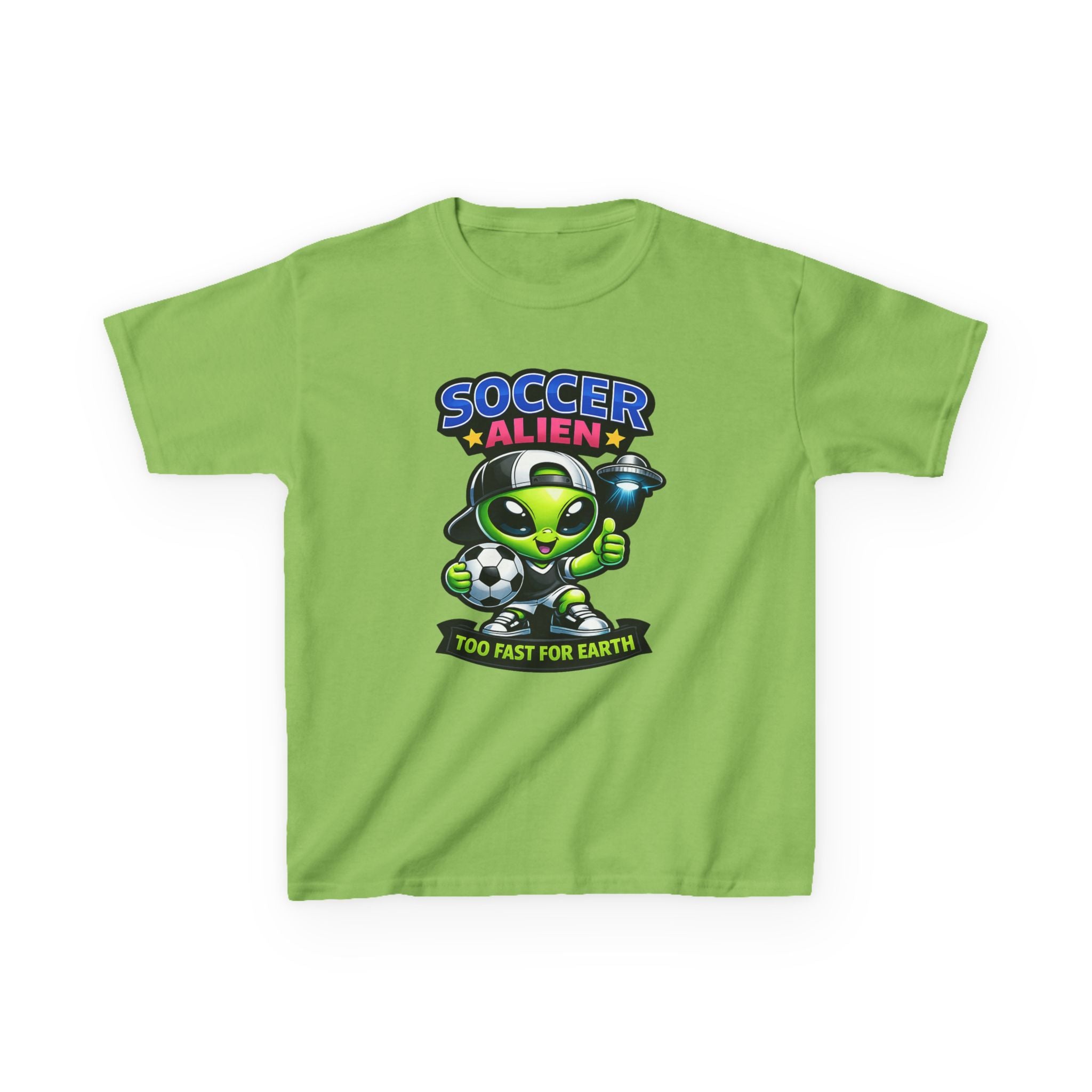 Kids Soccer T-Shirt — 'Too Fast for Earth' Cute Green Alien Soccer Graphic Tee