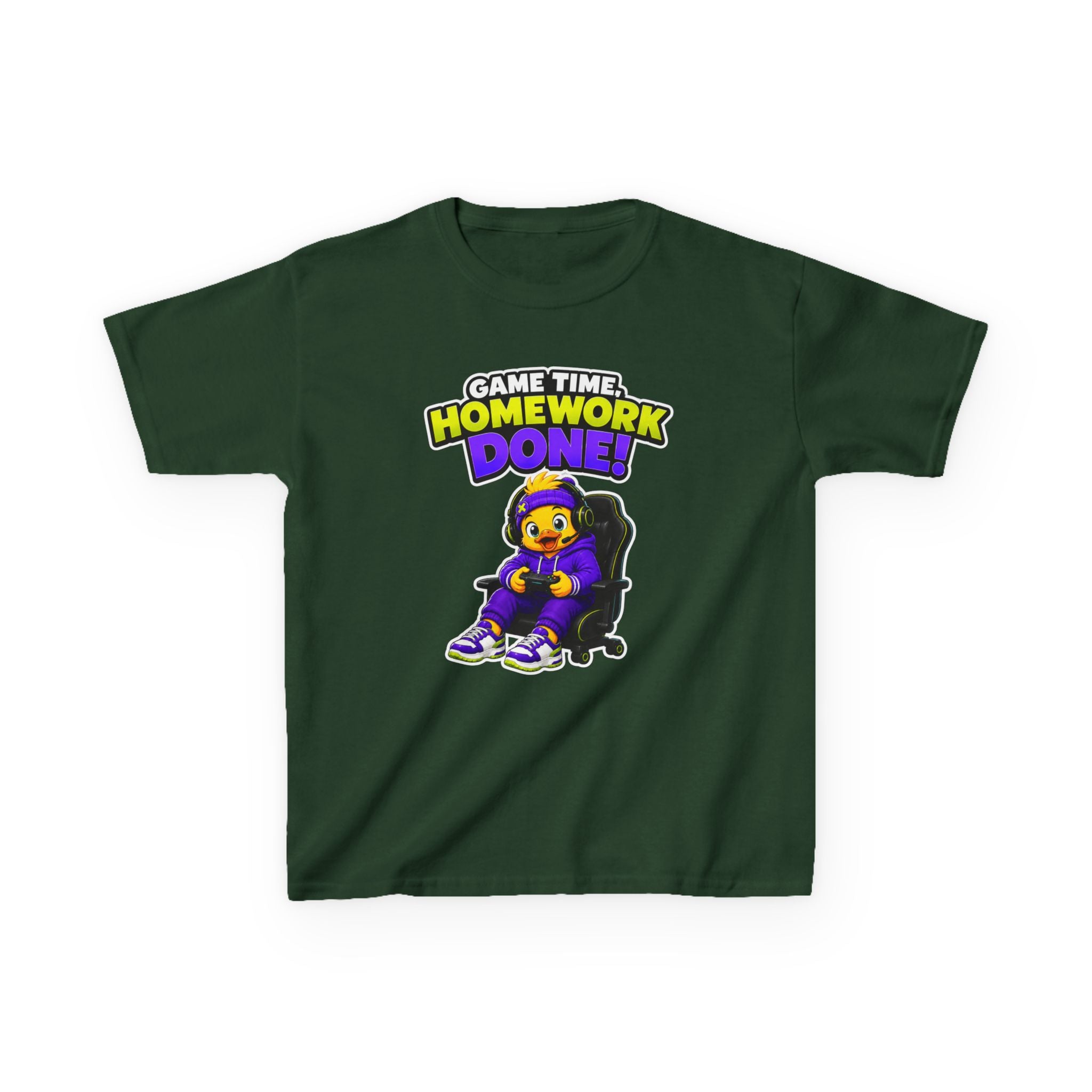 Kids Gamer T-Shirt — 'Game Time, Homework Done!' Gamer Cartoon Graphic Tee