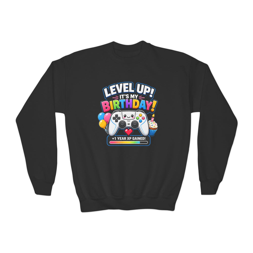 Kidxtr™ Kids Birthday Crewneck — 'Level Up, It’s My Birthday' Cartoon Graphic Sweatshirt
