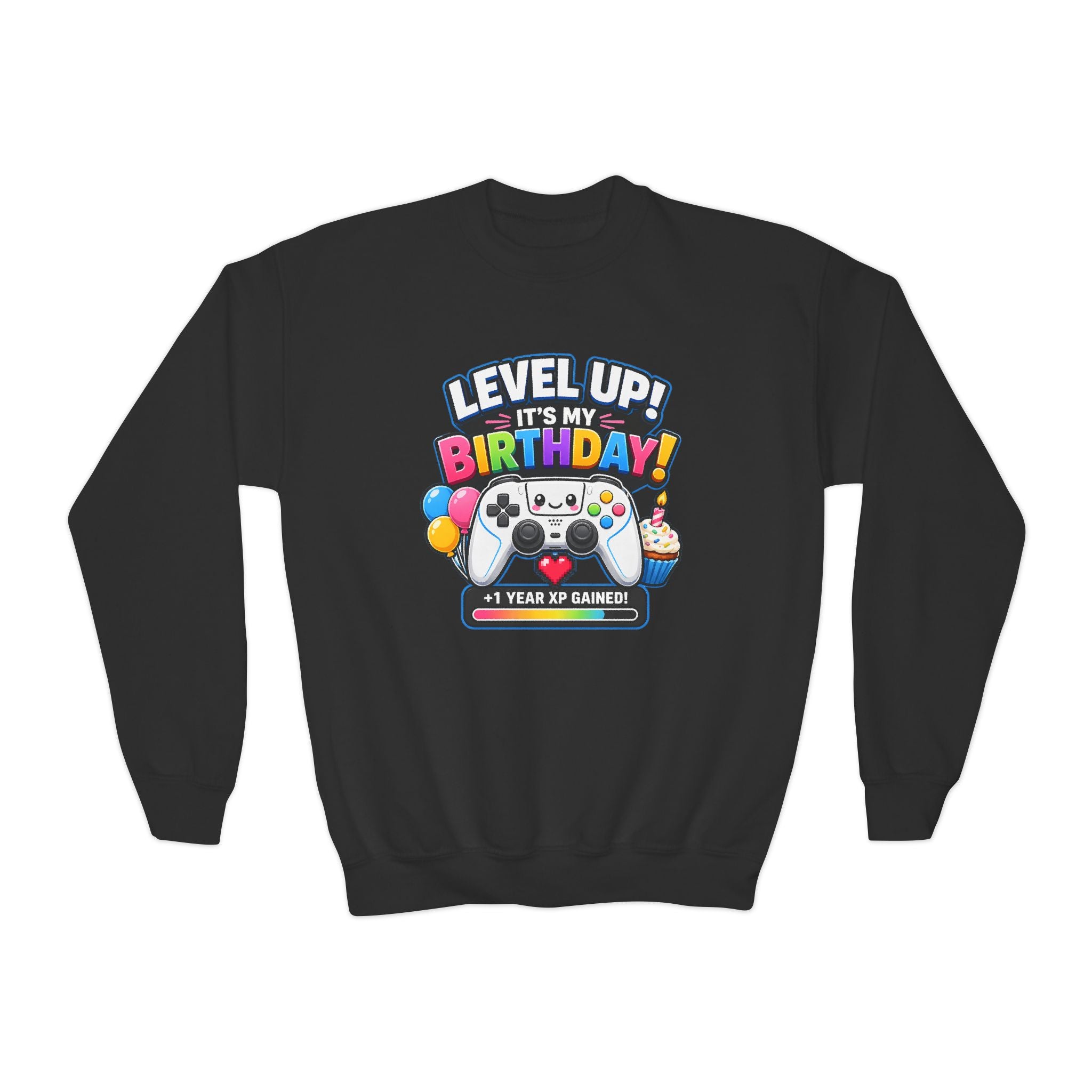 Kidxtr™ Kids Birthday Crewneck — 'Level Up, It’s My Birthday' Cartoon Graphic Sweatshirt