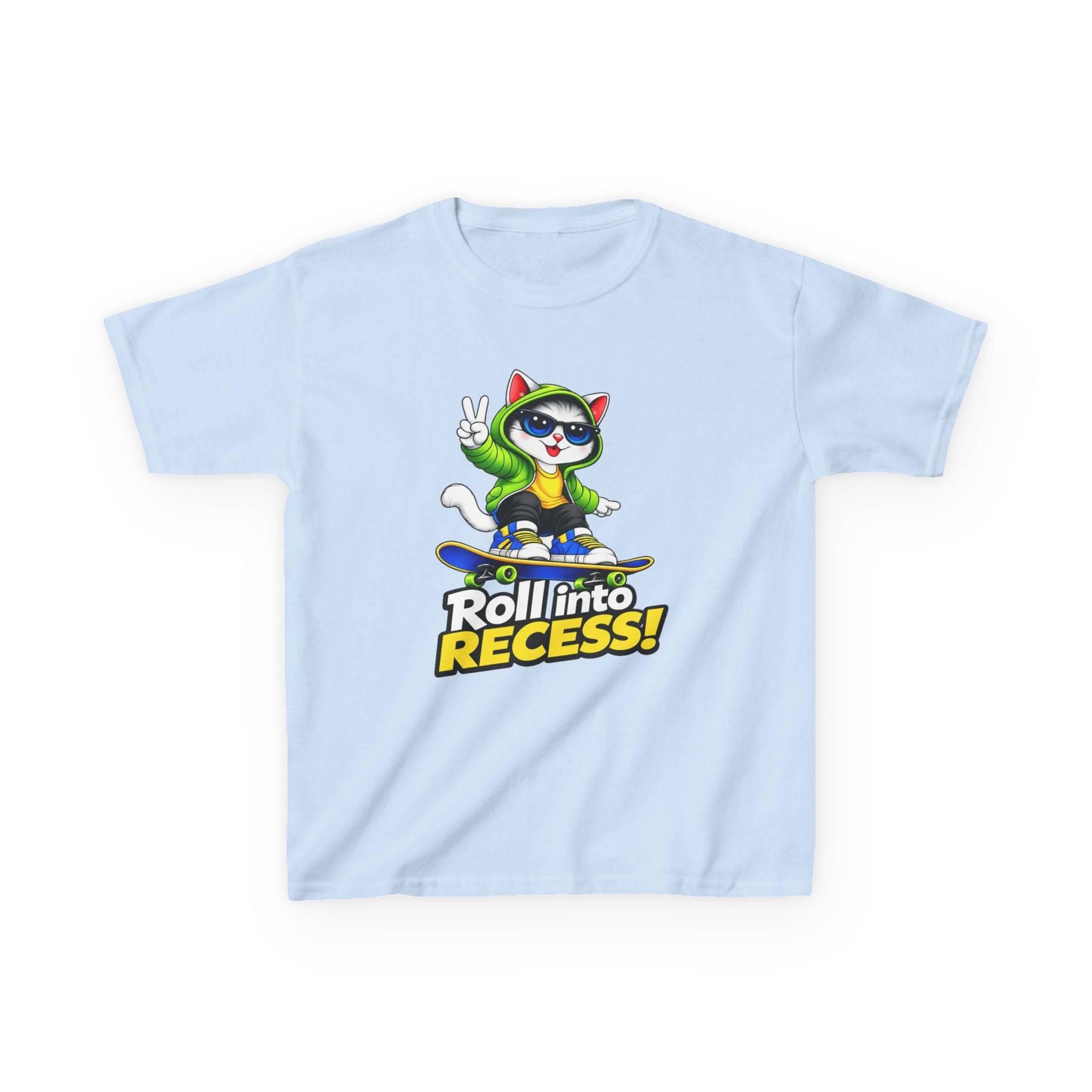 Kids Skateboarding Cat T-Shirt — 'Roll into Recess!' Graphic Tee