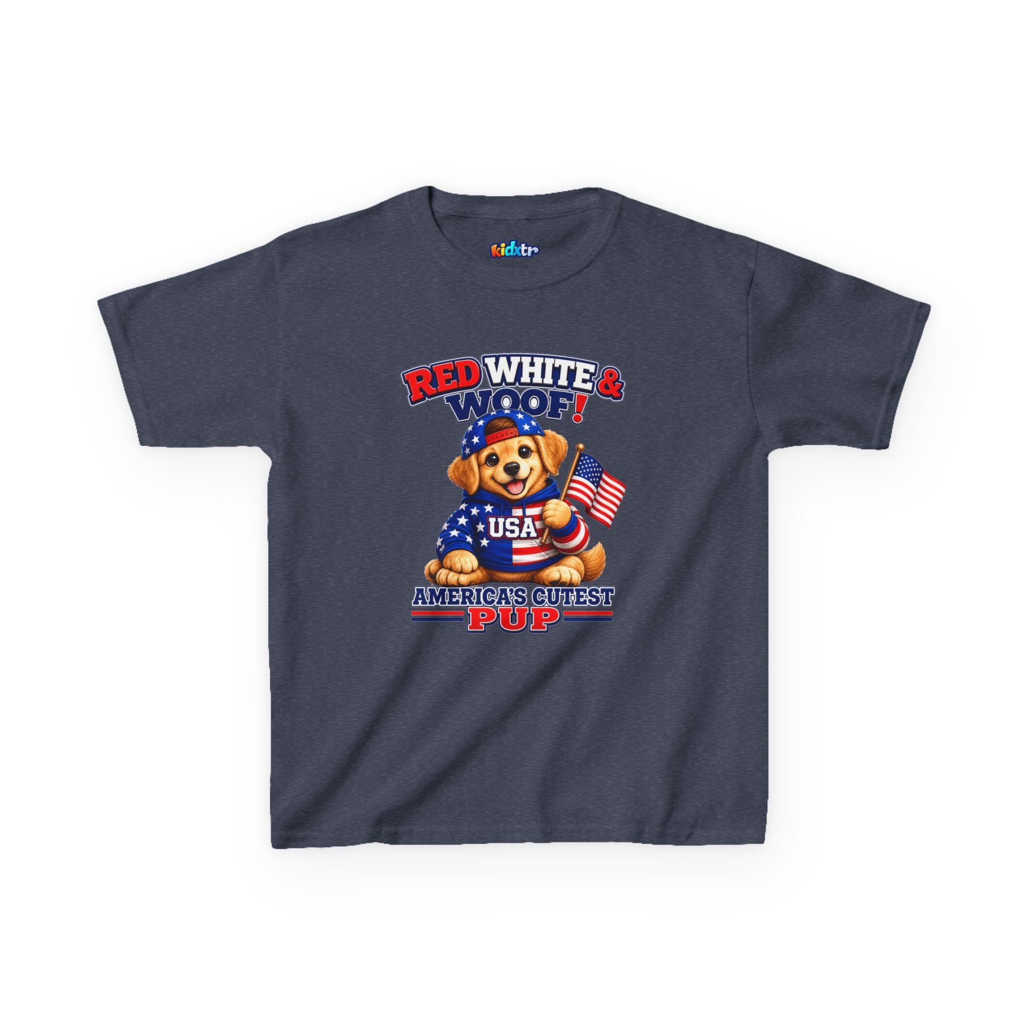 Kidxtr™ Kids Patriotic T-Shirt — 'Red White & Woof!' USA Dog Graphic Tee
