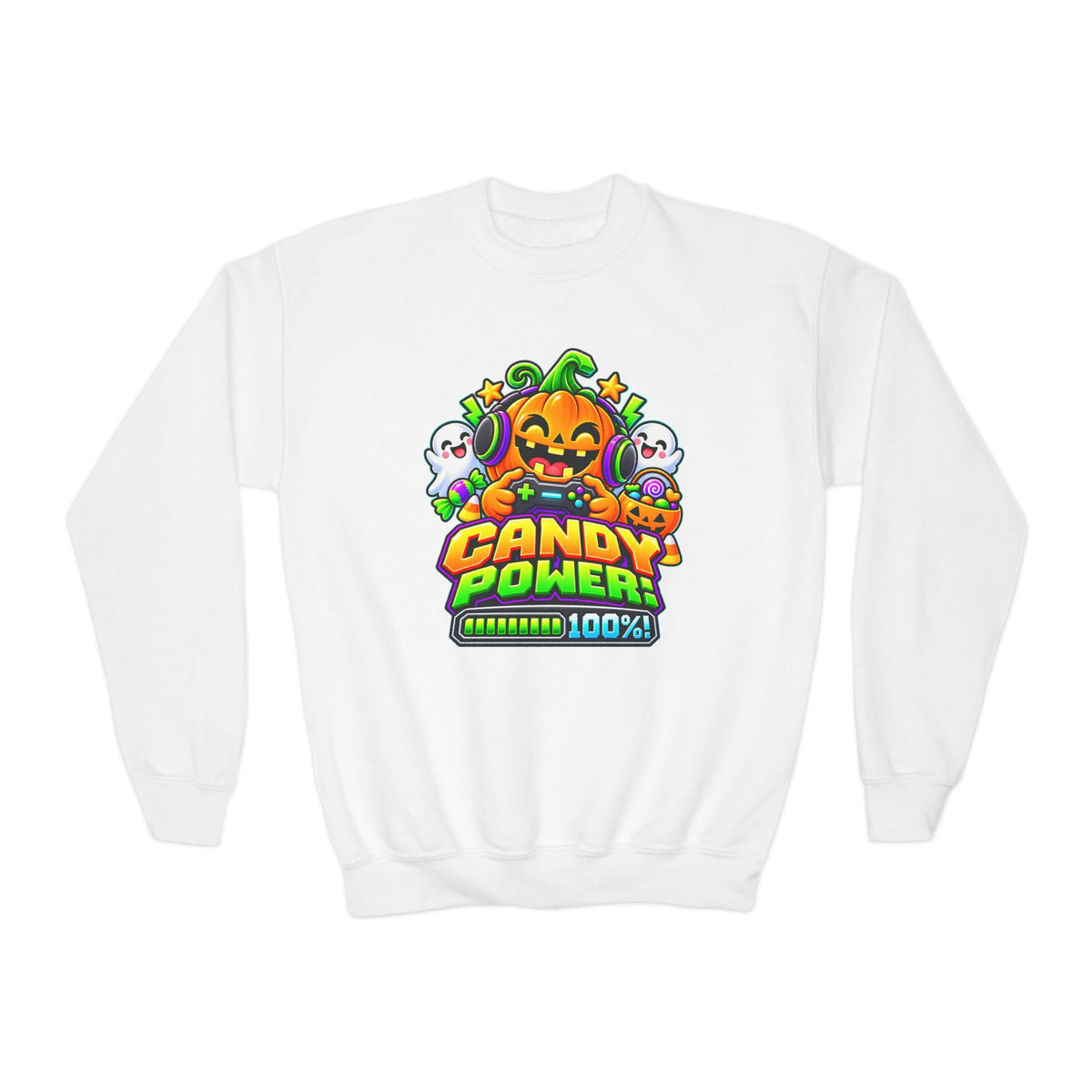 Kidxtr™ Kids Pumpkin Sweatshirt — 'Candy Power 100%' Gamer Halloween Graphic Crewneck