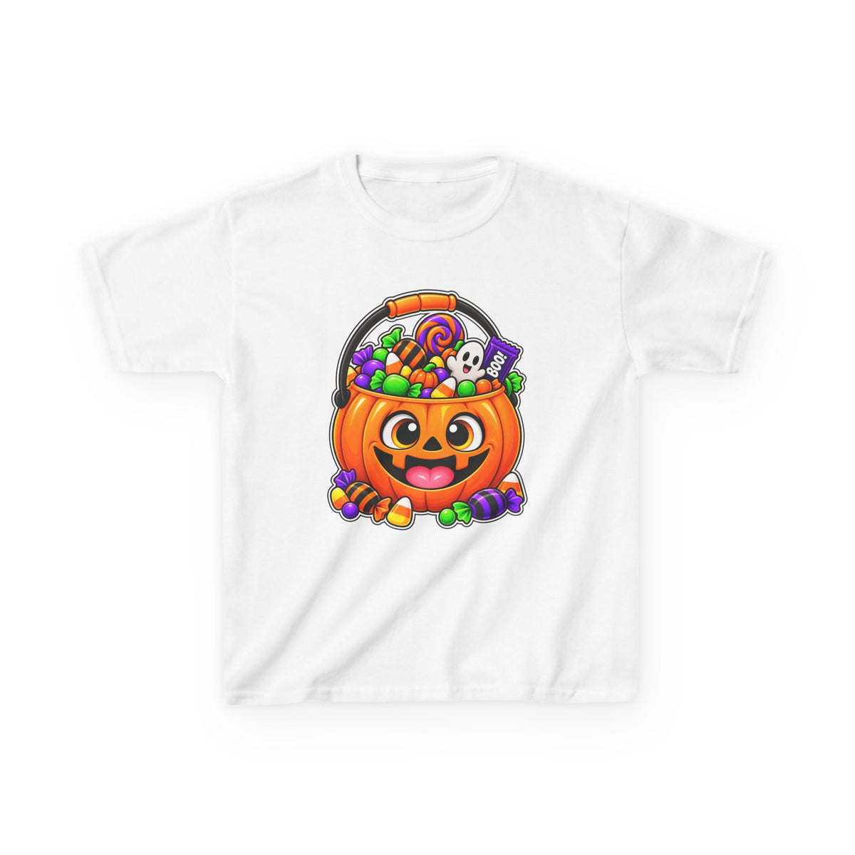 Kidxtr™ Kids Pumpkin T-Shirt — 'Trick or Treat' Jack-O-Lantern Candy Basket Graphic Tee