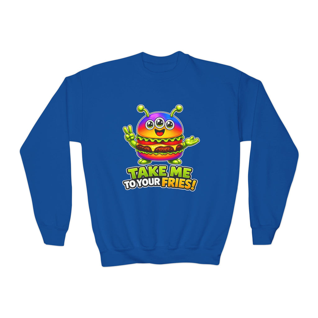 Kidxtr™ Kids Burger Crewneck — 'Take Me to Your Fries' Cartoon Graphic Sweatshirt