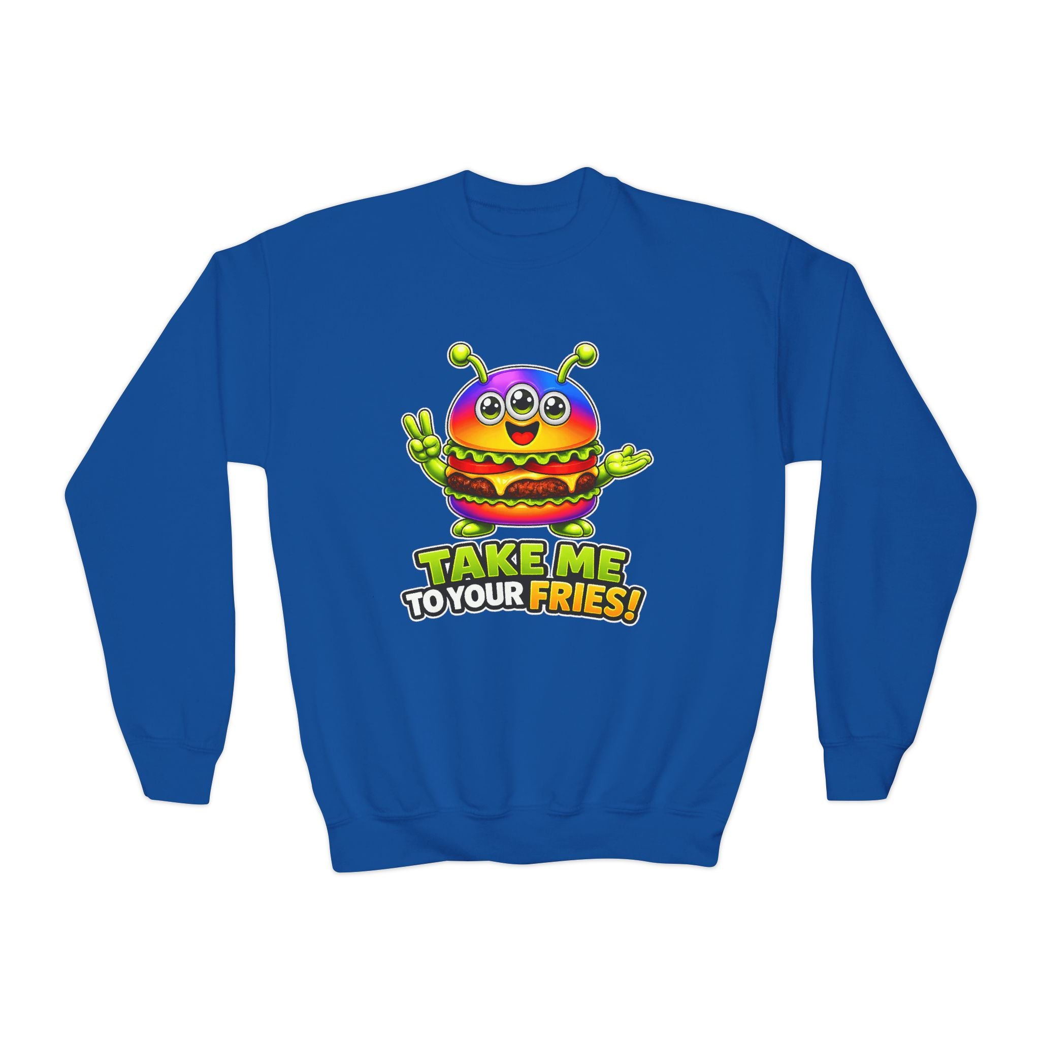 Kidxtr™ Kids Burger Crewneck — 'Take Me to Your Fries' Cartoon Graphic Sweatshirt