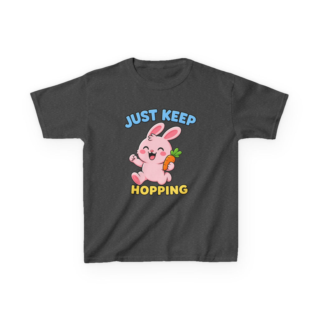 Kids Tee — “Just Keep Hopping” Cute Bunny Carrot Graphic