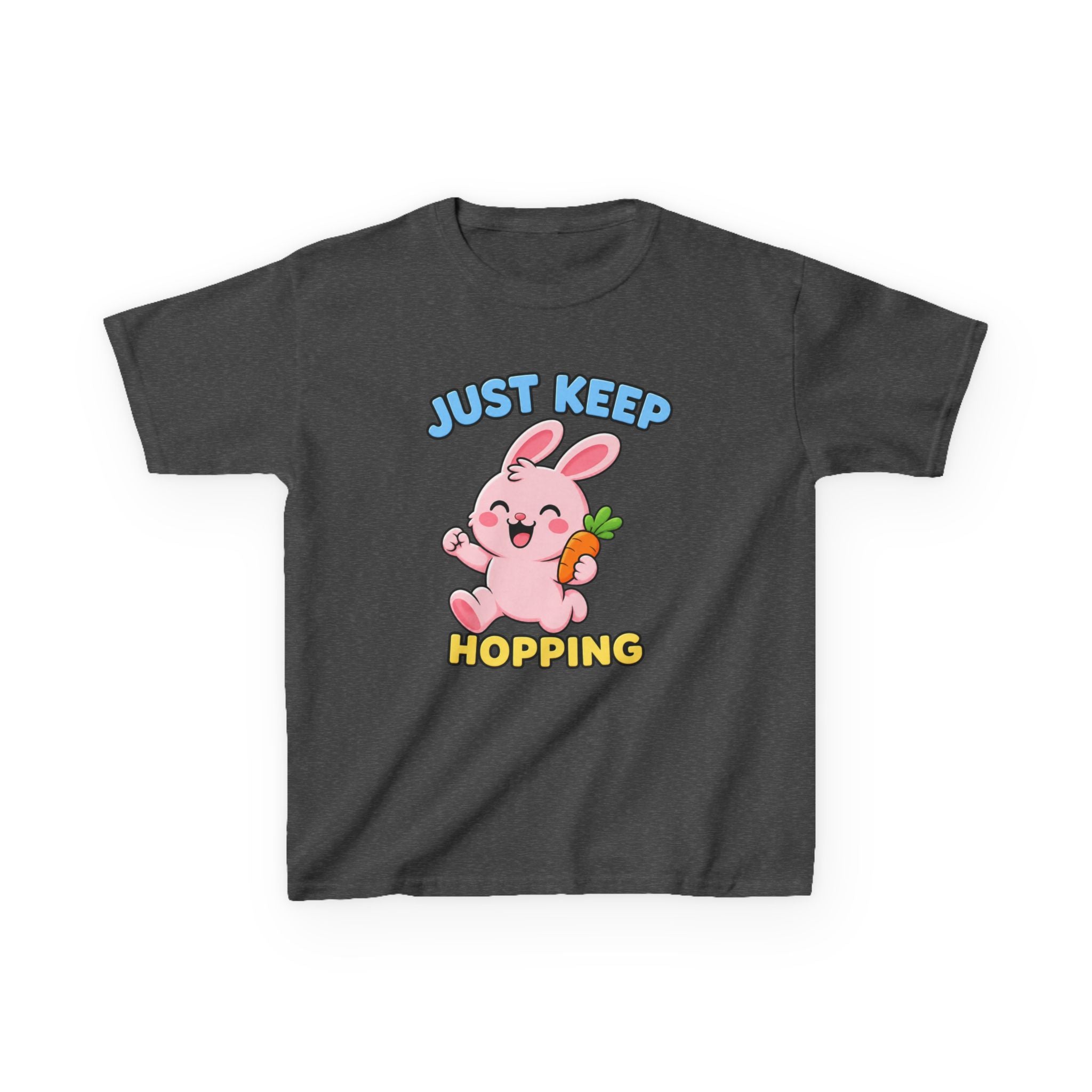 Kids Tee — “Just Keep Hopping” Cute Bunny Carrot Graphic