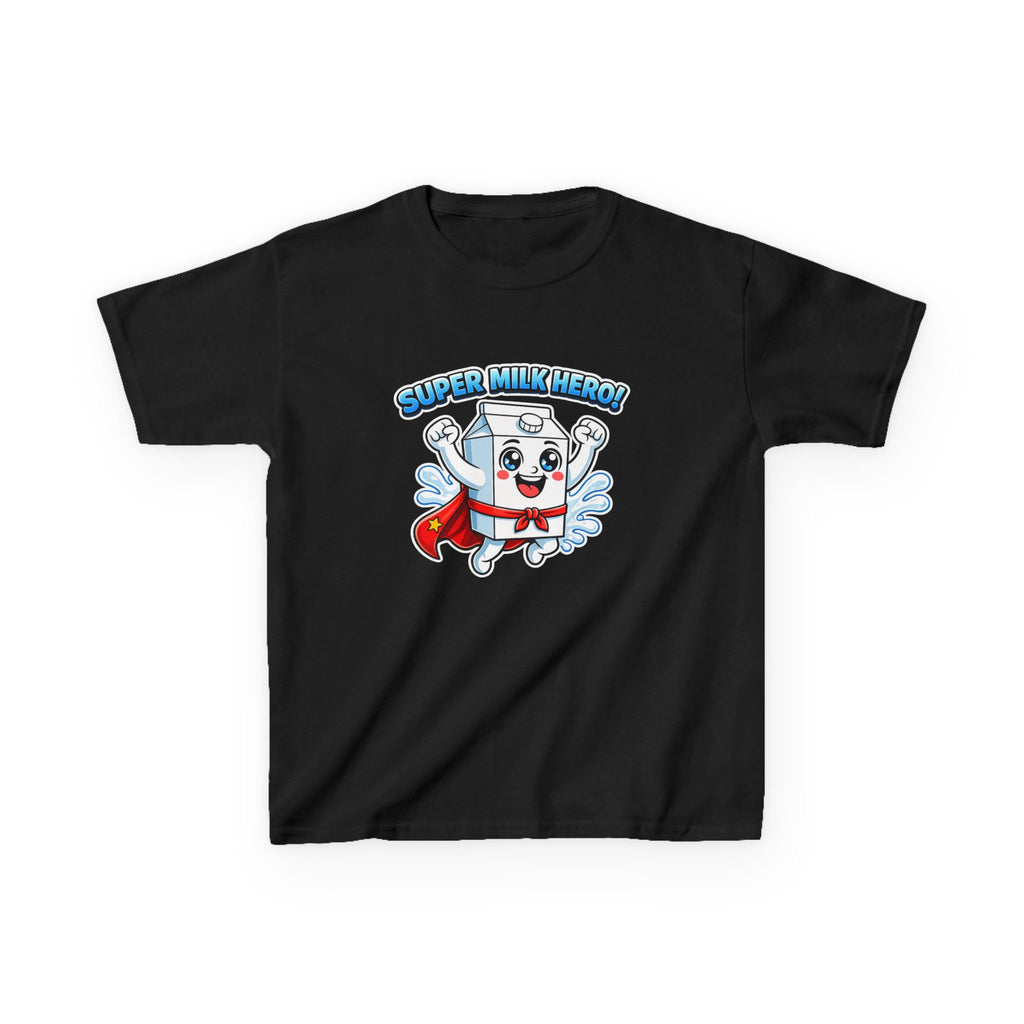 Kids Food T-Shirt — 'Super Milk Hero' Cartoon Cape Graphic Tee
