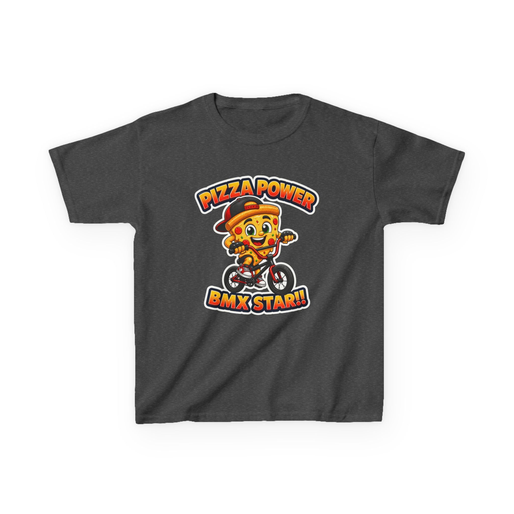 Kids BMX T-Shirt — 'Pizza Power' Cute Pizza Character Riding Bike Graphic Tee