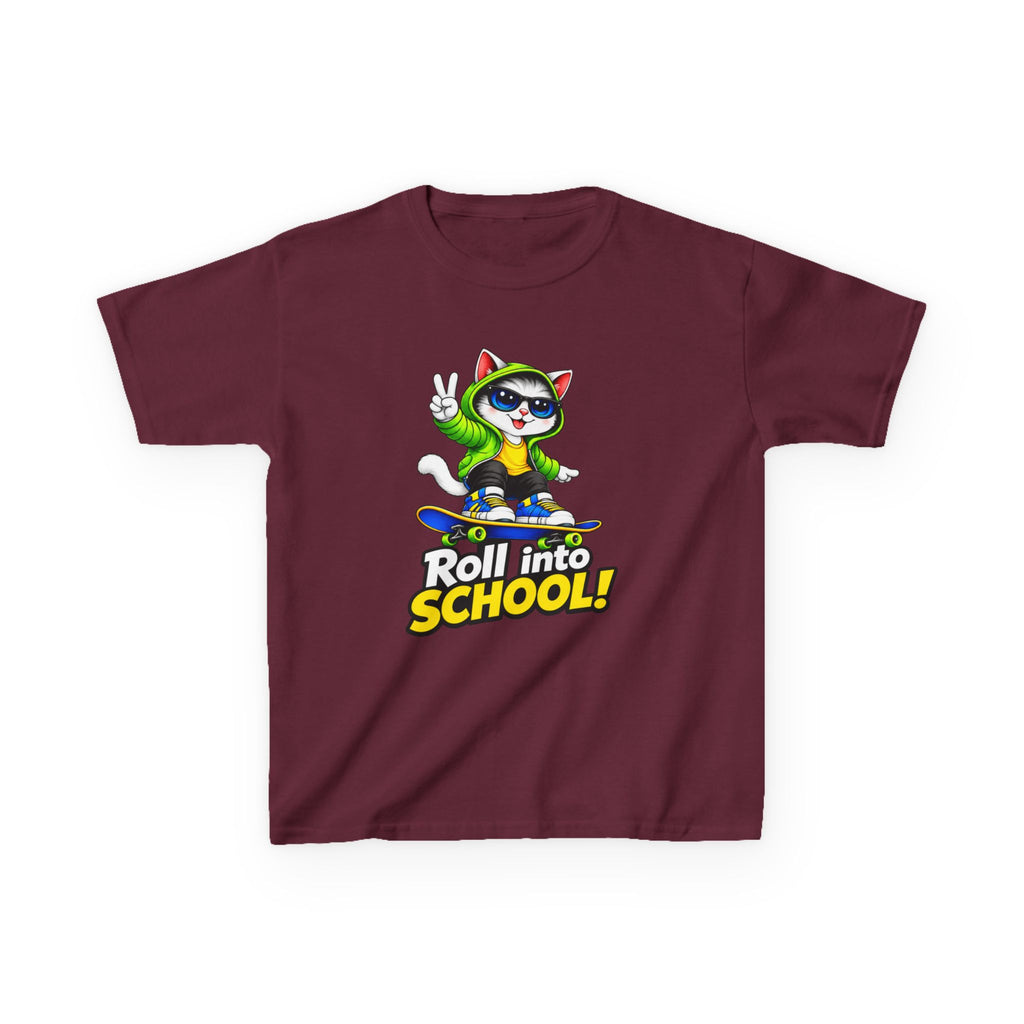 Kids T‑Shirt — 'Roll into School!' Skateboard Cat Back-to-School Tee