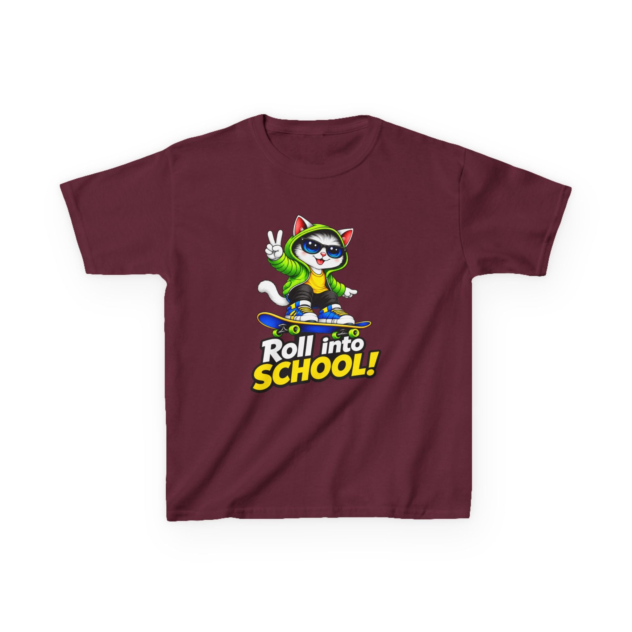 Kids T‑Shirt — 'Roll into School!' Skateboard Cat Back-to-School Tee