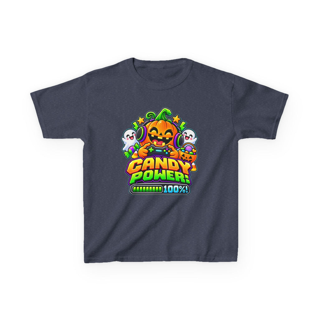 Kidxtr™ Kids Pumpkin T-Shirt — 'Candy Power 100%' Gamer Halloween Graphic Tee
