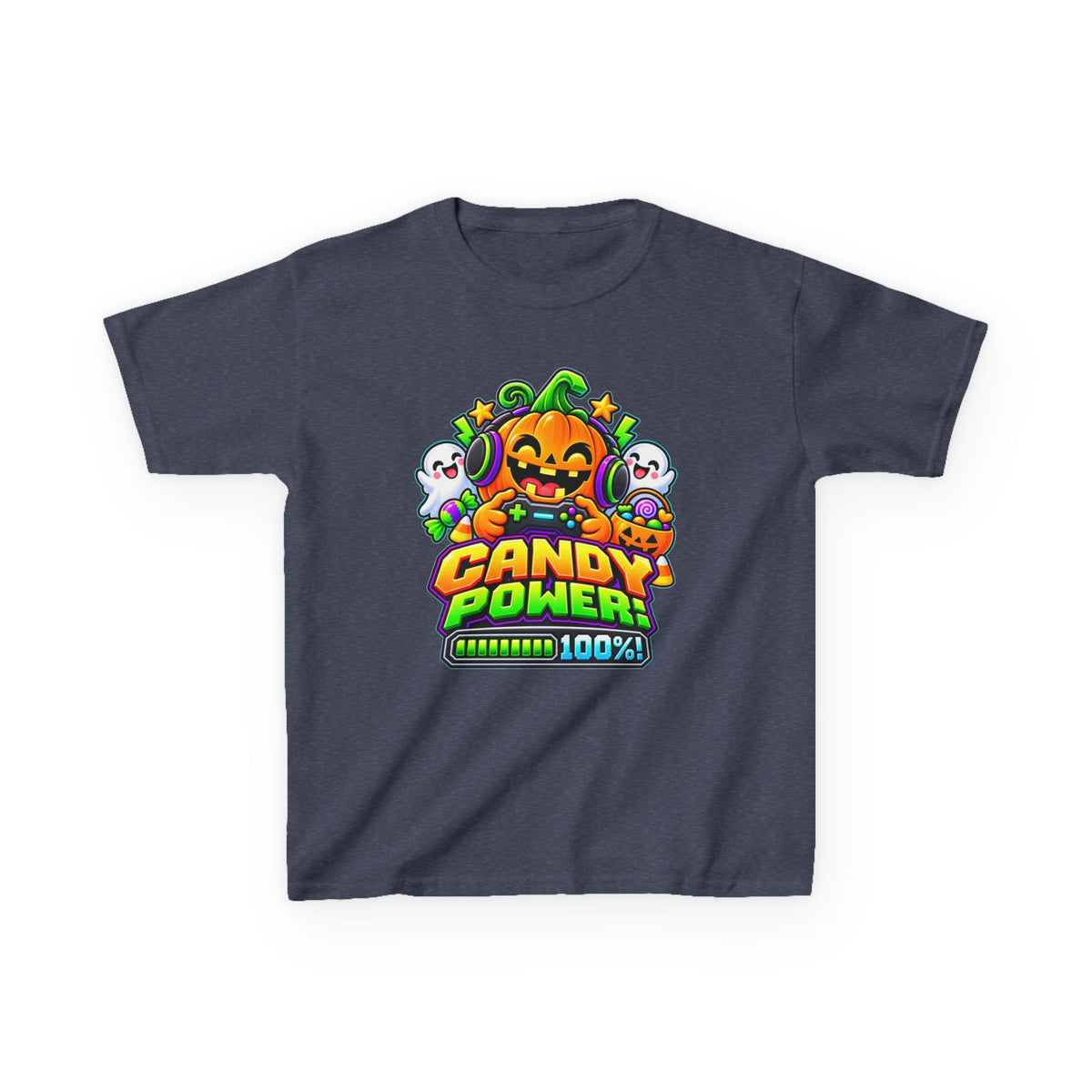 Kidxtr™ Kids Pumpkin T-Shirt — 'Candy Power 100%' Gamer Halloween Graphic Tee