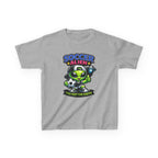 Kids Soccer T-Shirt — 'Too Fast for Earth' Cute Green Alien Soccer Graphic Tee