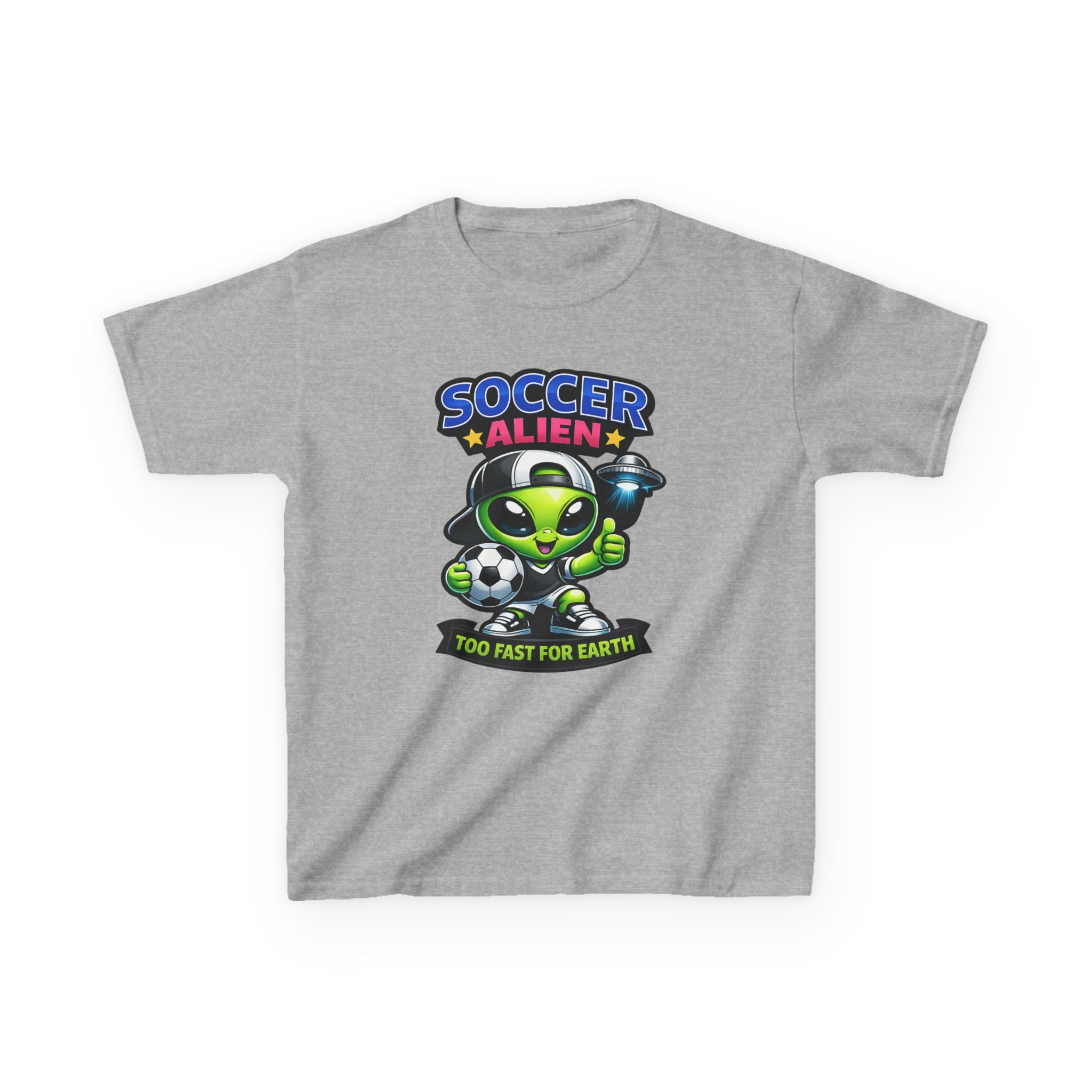 Kids Soccer T-Shirt — 'Too Fast for Earth' Cute Green Alien Soccer Graphic Tee