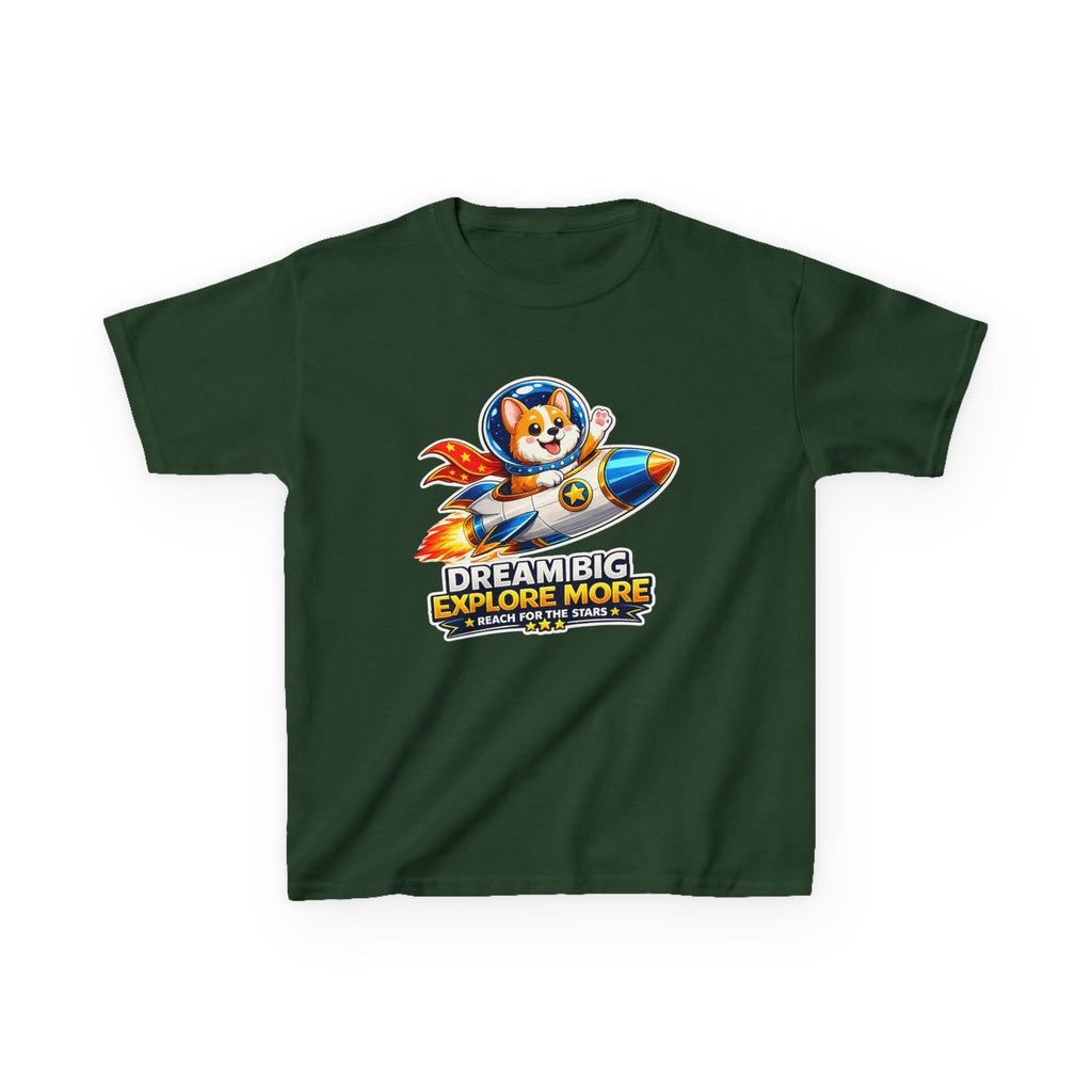 Kids Tee — "Dream Big Explore More" Rocket Dog Space Graphic