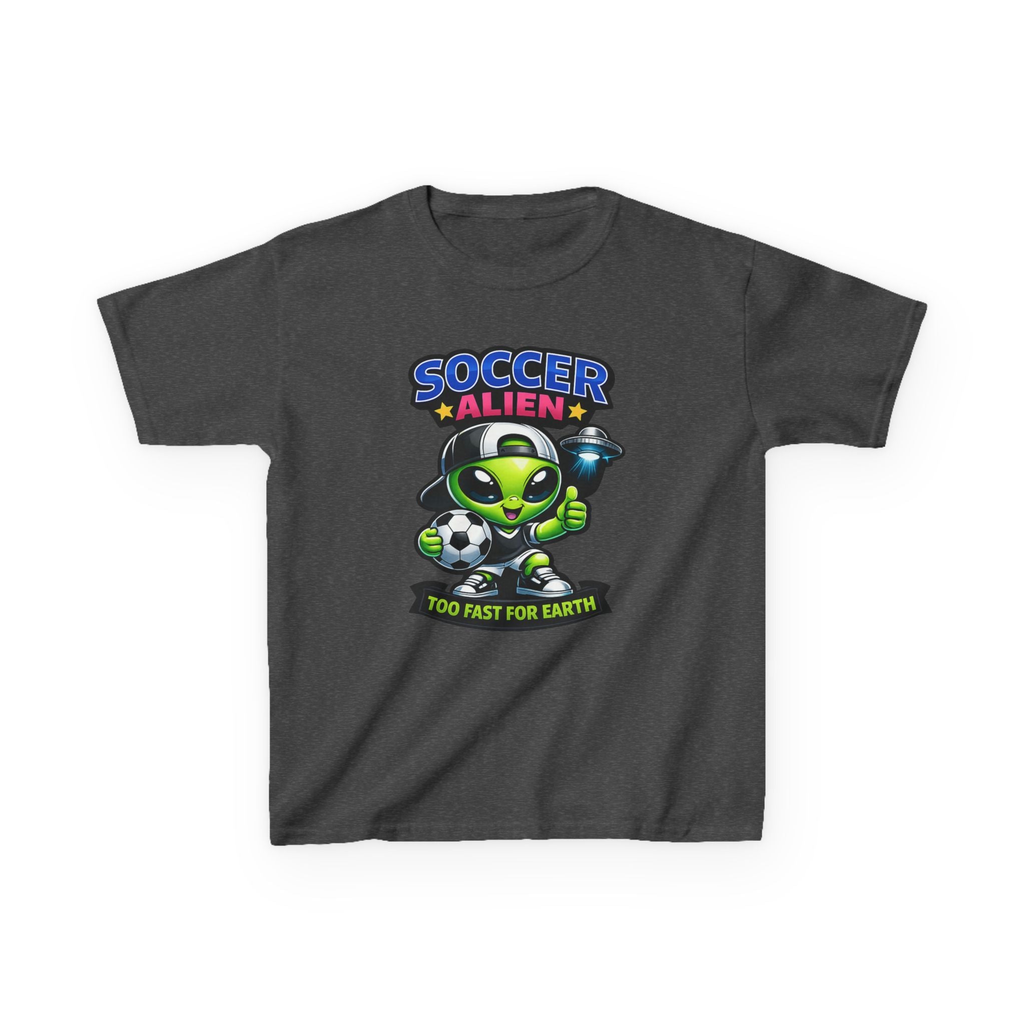 Kids Soccer T-Shirt — 'Too Fast for Earth' Cute Green Alien Soccer Graphic Tee