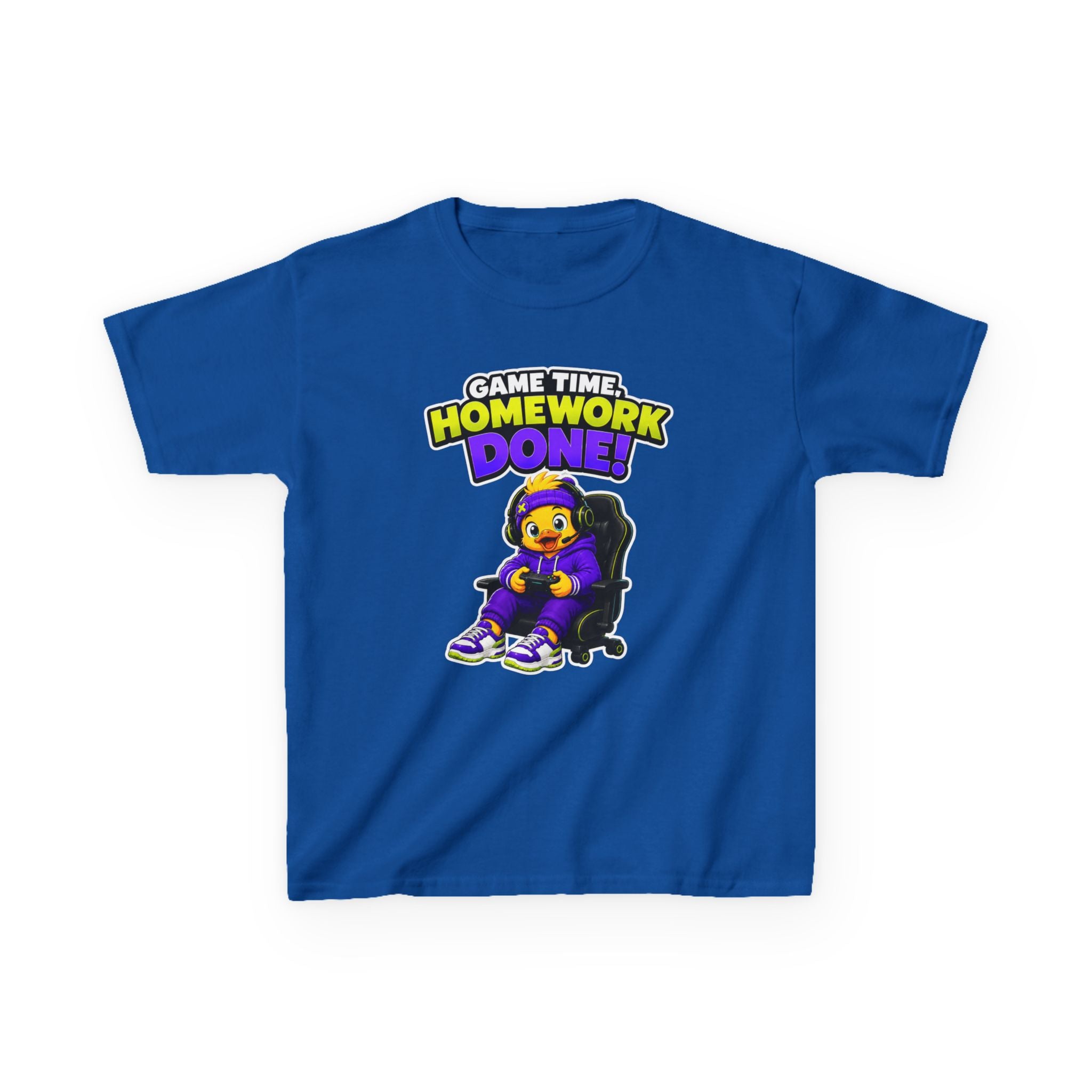 Kids Gamer T-Shirt — 'Game Time, Homework Done!' Gamer Cartoon Graphic Tee