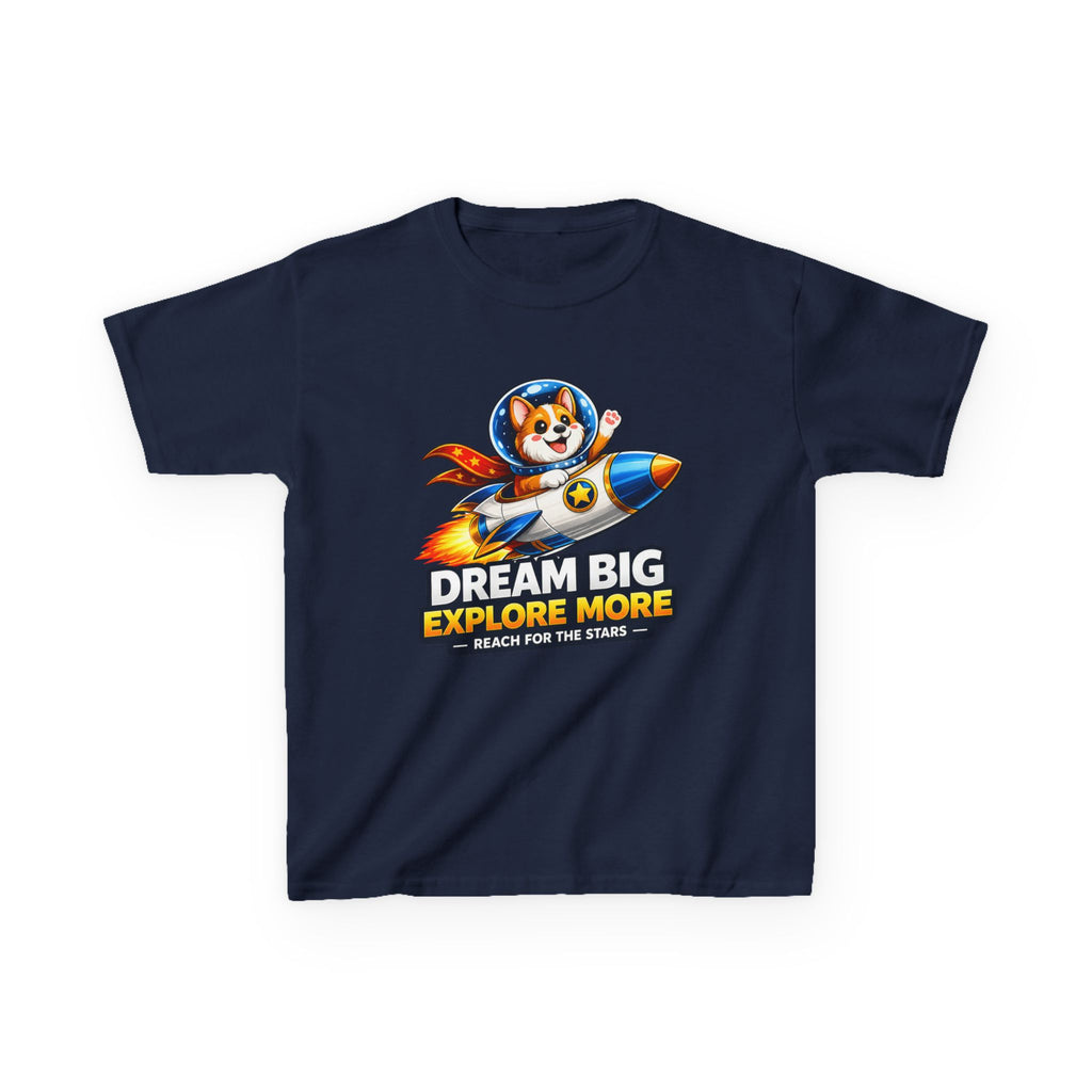 Kids Tee — "Dream Big Explore More" Rocket Dog Space Graphic