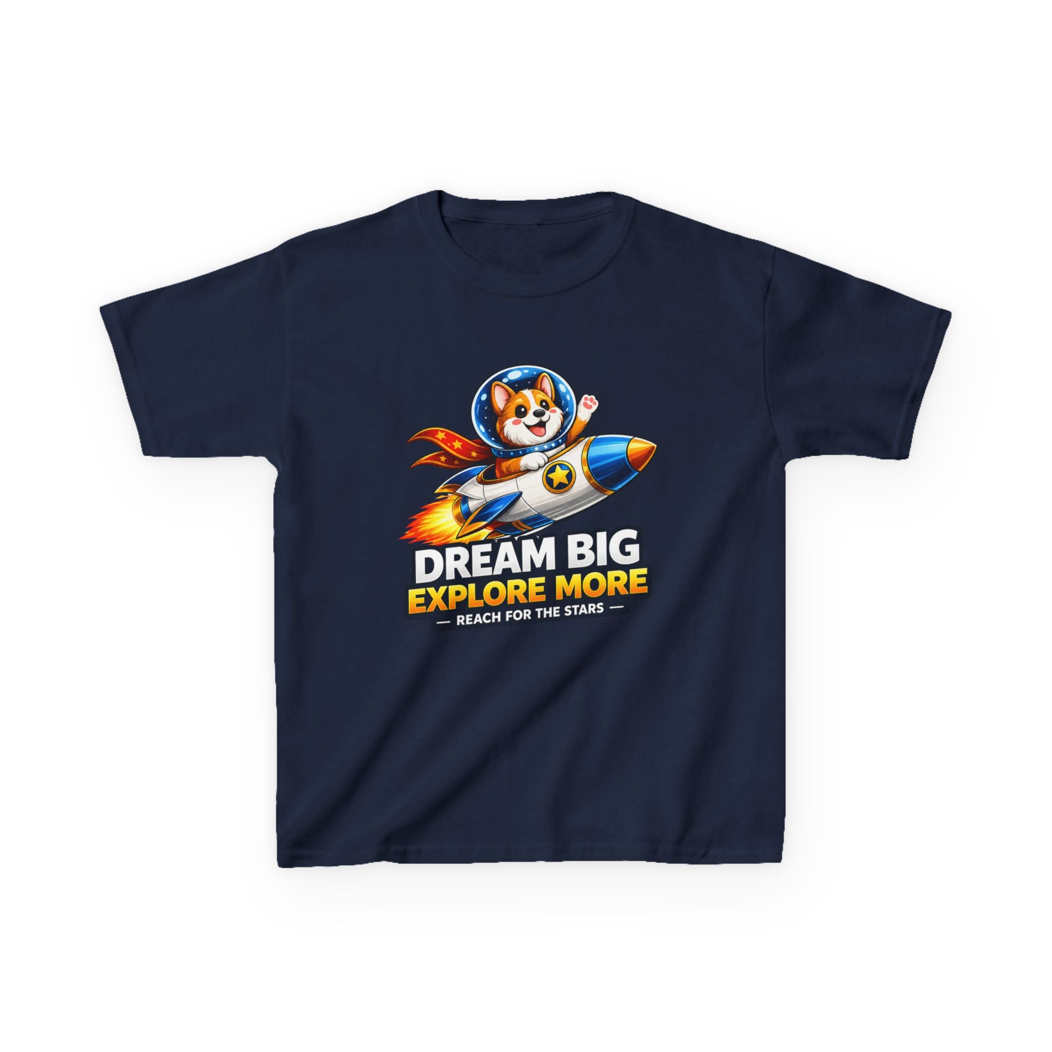 Kids Tee — "Dream Big Explore More" Rocket Dog Space Graphic