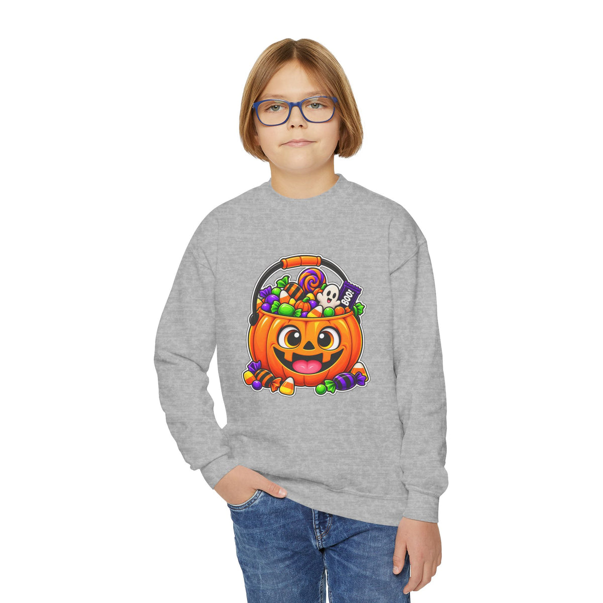 Kidxtr™ Kids Pumpkin Sweatshirt — 'Trick or Treat' Jack-O-Lantern Candy Basket Graphic Crewneck