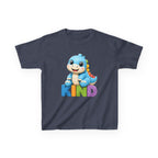 Kids Animal T-Shirt — 'KIND' Cute Blue Dinosaur Kindness Graphic Tee