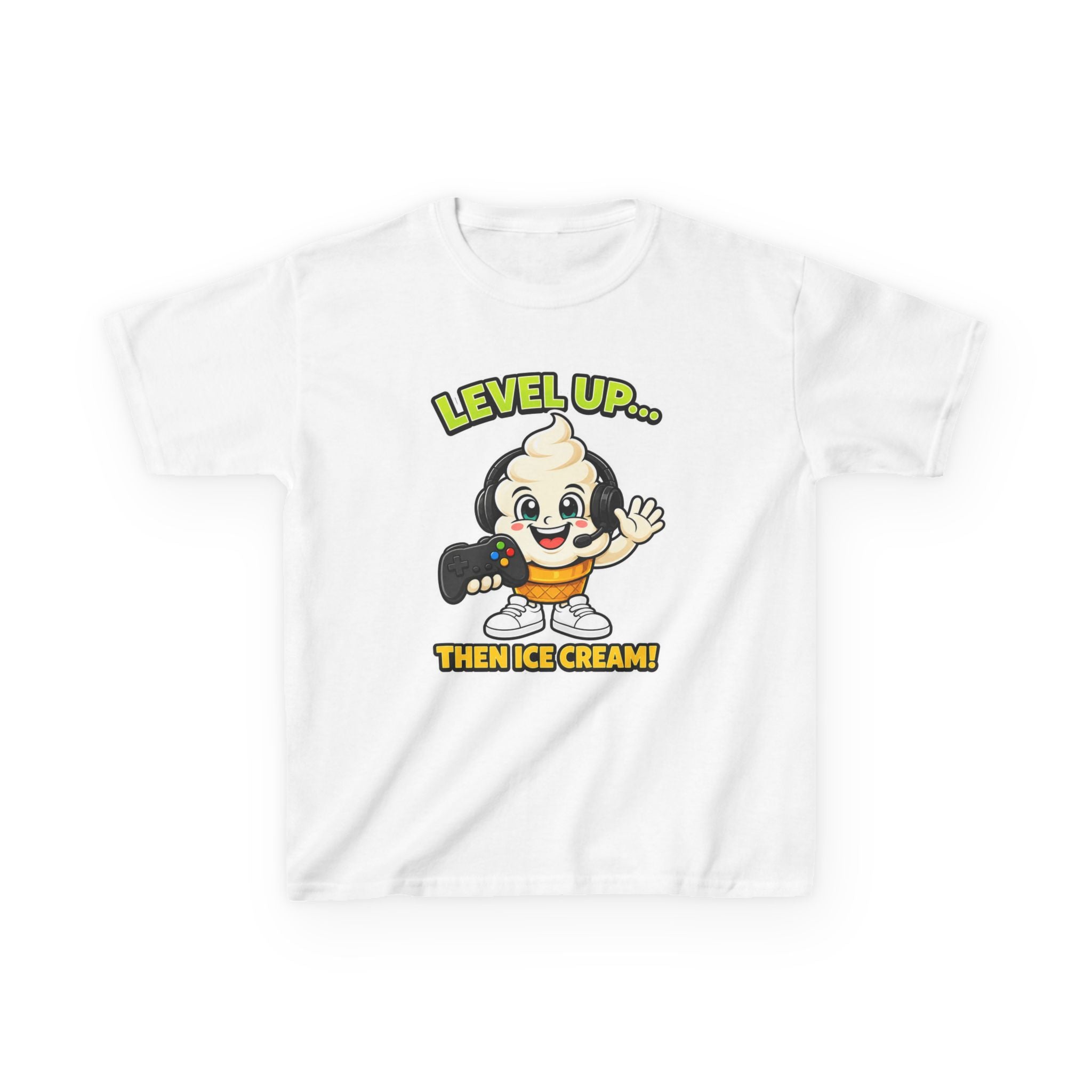 Kids Gamer T-Shirt — 'Level Up... Then Ice Cream!' Ice Cream Cartoon Graphic Tee
