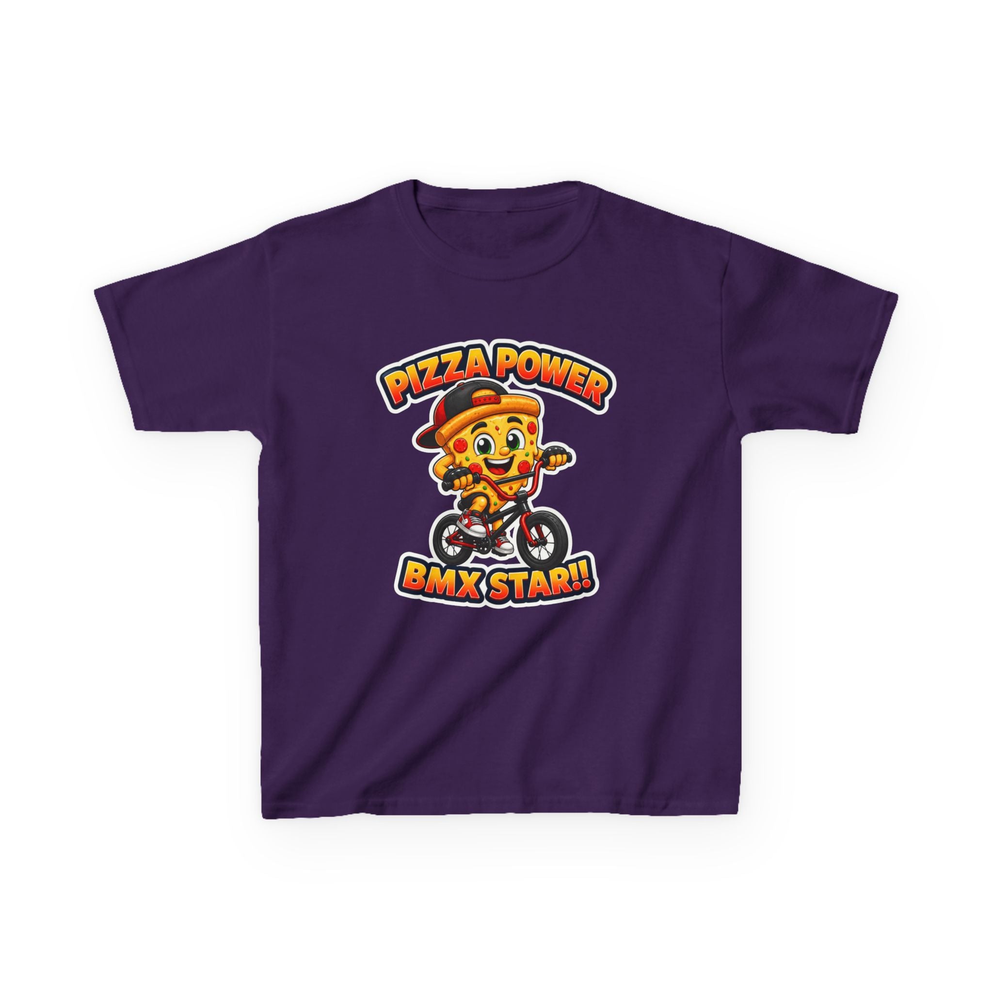 Kids BMX T-Shirt — 'Pizza Power' Cute Pizza Character Riding Bike Graphic Tee