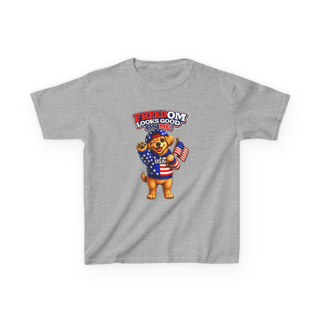 Kids Patriotic T-Shirt — 'Freedom Looks Good on Me' USA Dog Graphic Tee