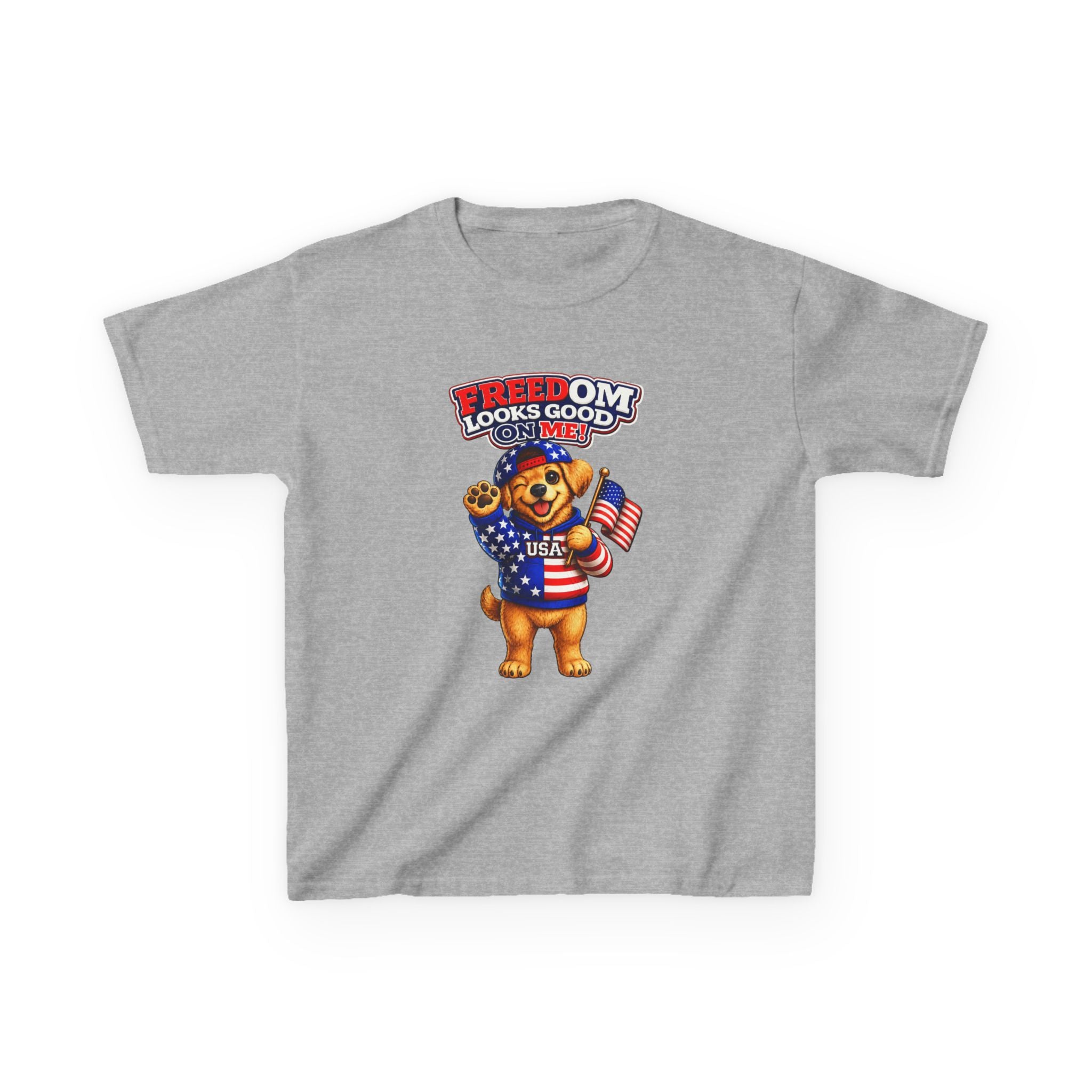 Kids Patriotic T-Shirt — 'Freedom Looks Good on Me' USA Dog Graphic Tee