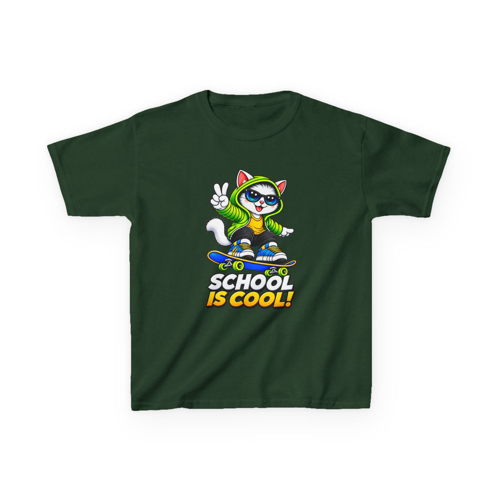 Kids School T-Shirt — 'School Is Cool' Skateboard Cat Graphic Tee