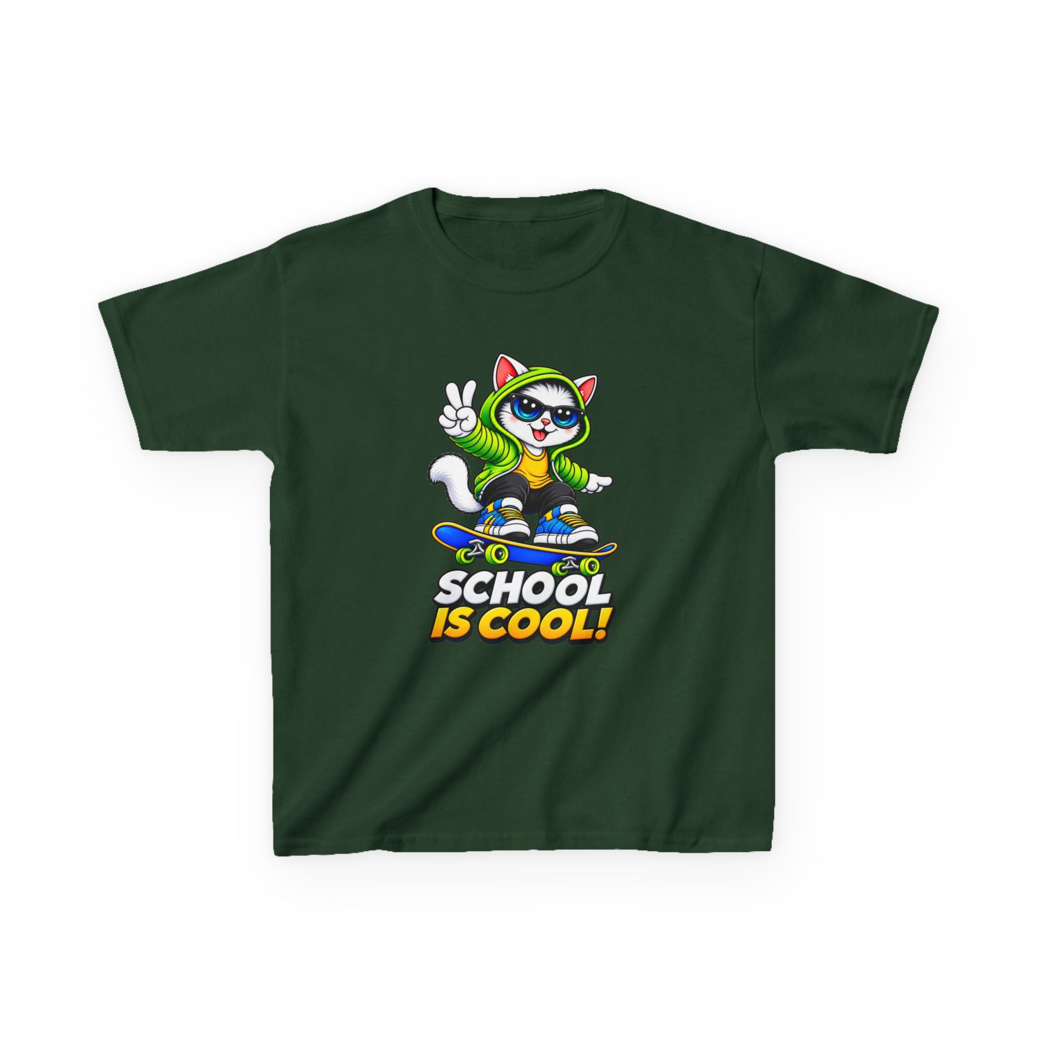 Kids School T-Shirt — 'School Is Cool' Skateboard Cat Graphic Tee