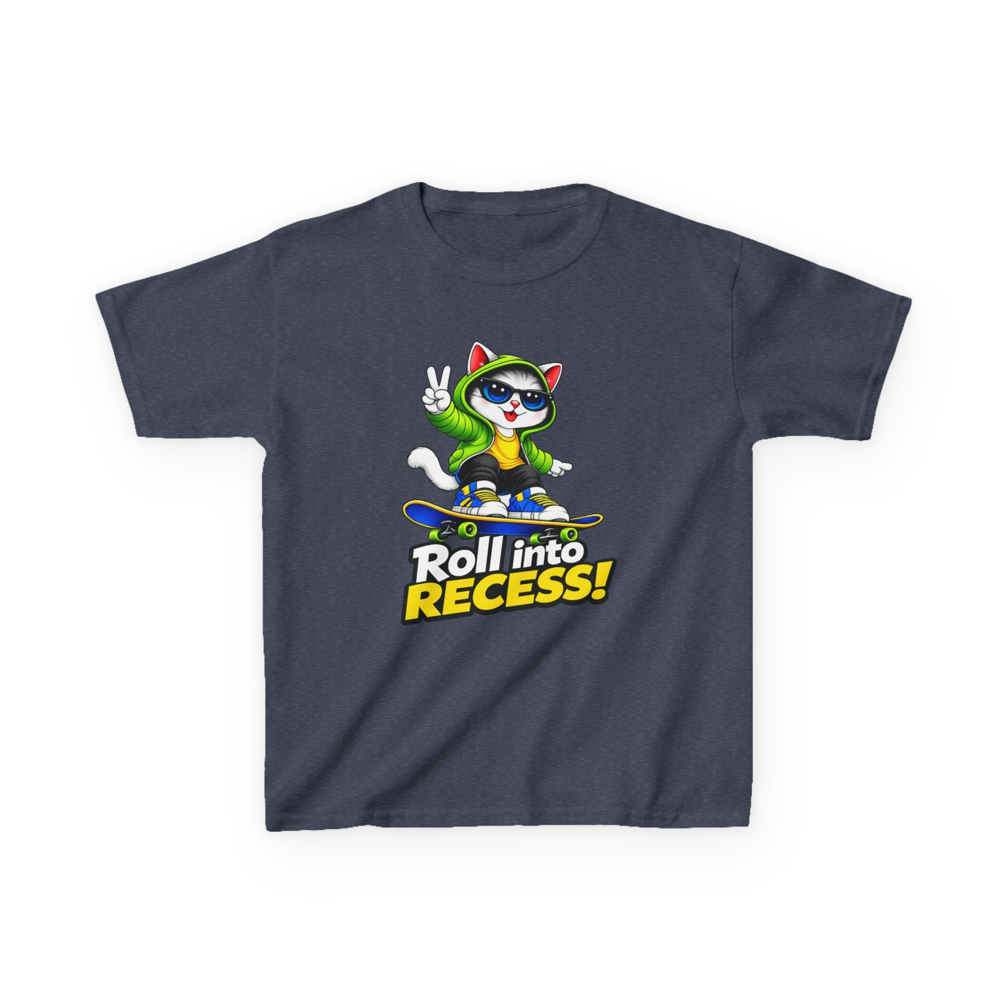 Kids Skateboarding Cat T-Shirt — 'Roll into Recess!' Graphic Tee