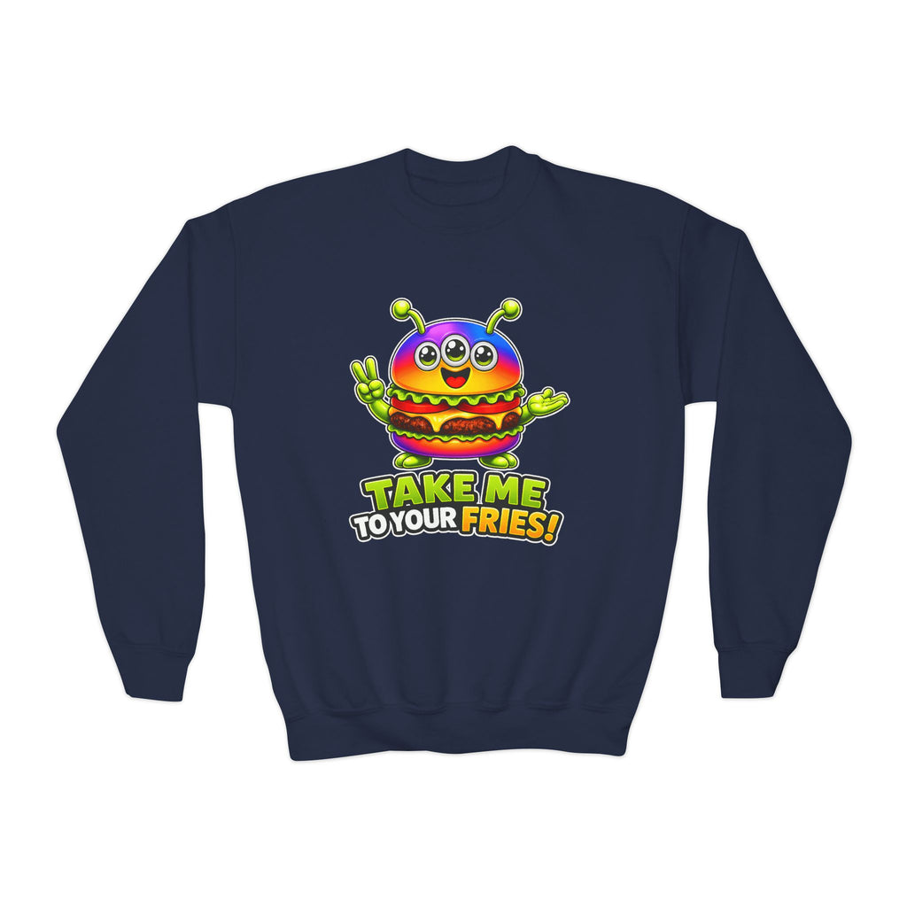 Kidxtr™ Kids Burger Crewneck — 'Take Me to Your Fries' Cartoon Graphic Sweatshirt