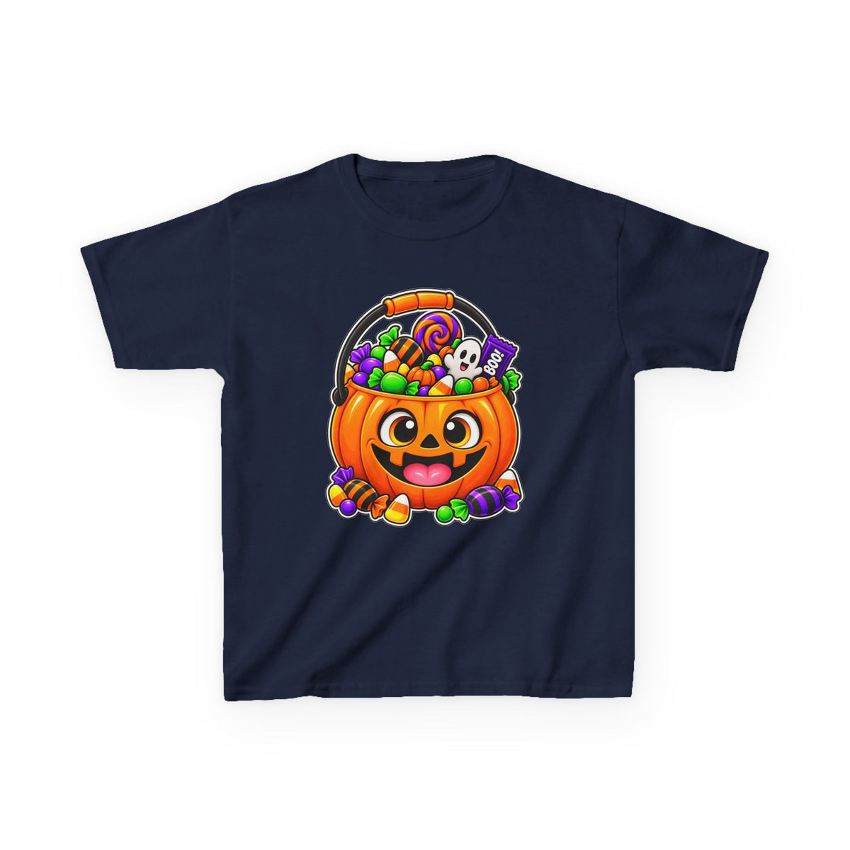 Kidxtr™ Kids Pumpkin T-Shirt — 'Trick or Treat' Jack-O-Lantern Candy Basket Graphic Tee