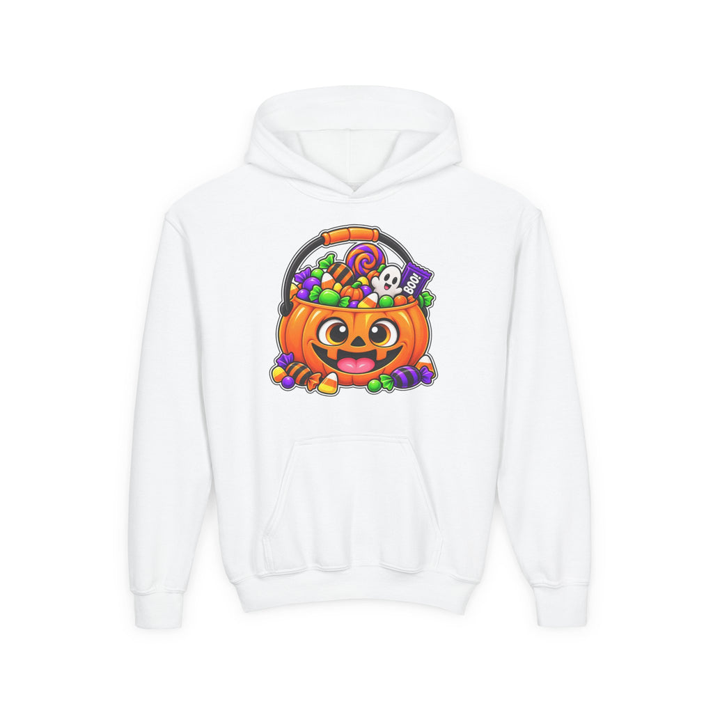 Kidxtr™ Kids Pumpkin Hoodie — 'Trick or Treat' Jack-O-Lantern Candy Basket Graphic Hoodie.