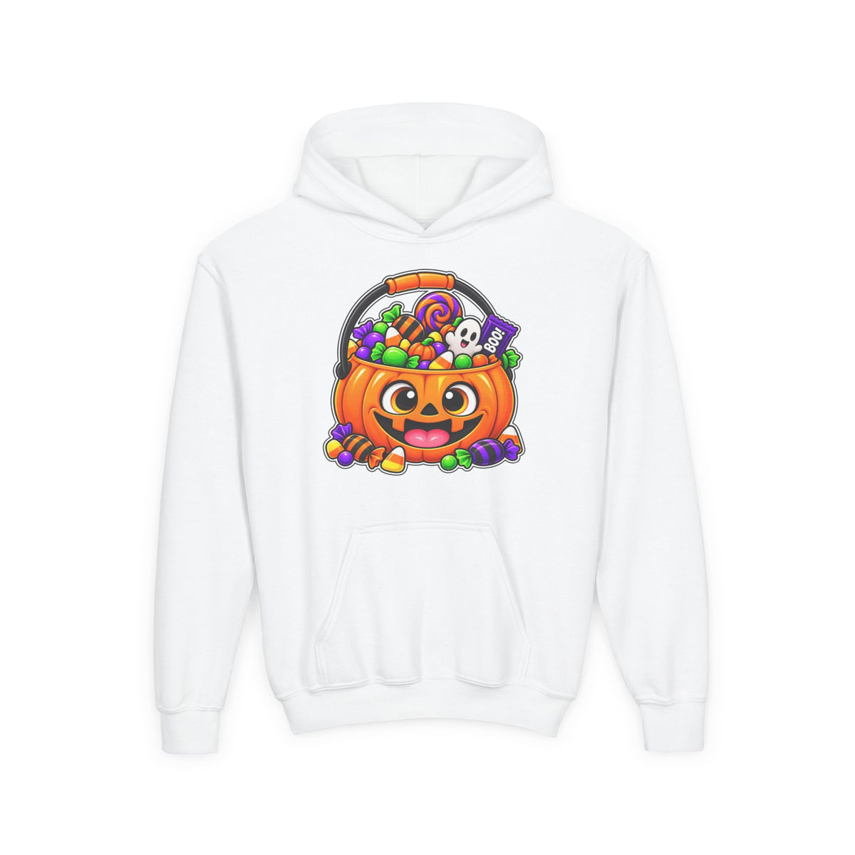 Kidxtr™ Kids Pumpkin Hoodie — 'Trick or Treat' Jack-O-Lantern Candy Basket Graphic Hoodie.