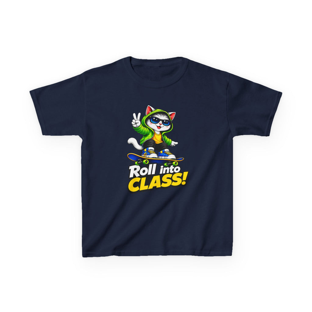 Kids Skateboarding Cat T-Shirt — 'Roll into Class!' Back-to-School Graphic Tee