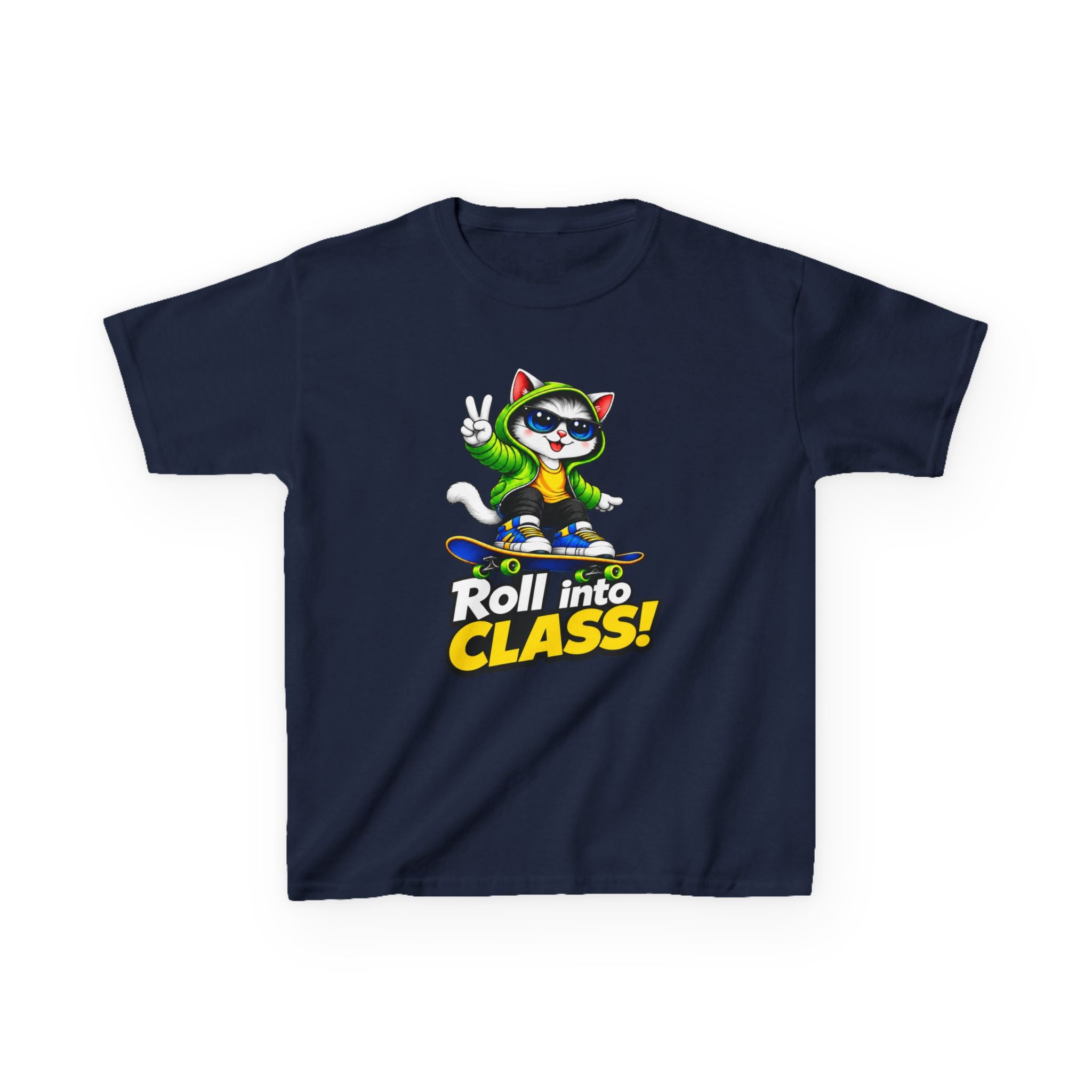 Kids Skateboarding Cat T-Shirt — 'Roll into Class!' Back-to-School Graphic Tee