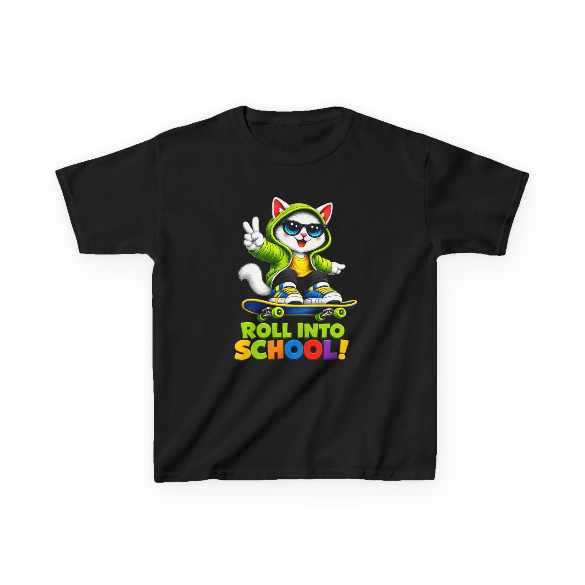 Kids Skateboard Cat T-Shirt — 'Roll Into School' Back-to-School Graphic Tee