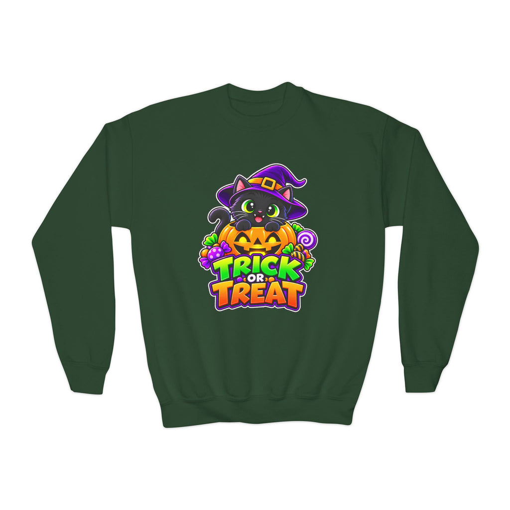 Kidxtr™ Kids Halloween Sweatshirt — 'Trick or Treat' Black Cat in Pumpkin Graphic Crewneck