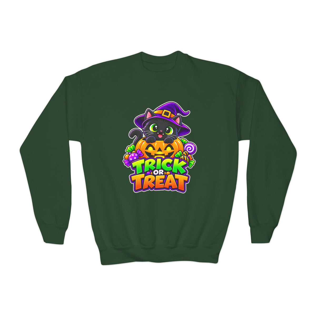 Kidxtr™ Kids Halloween Sweatshirt — 'Trick or Treat' Black Cat in Pumpkin Graphic Crewneck