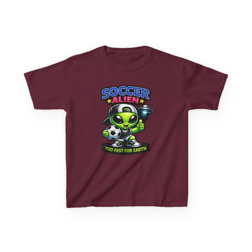Kids Soccer T-Shirt — 'Too Fast for Earth' Cute Green Alien Soccer Graphic Tee