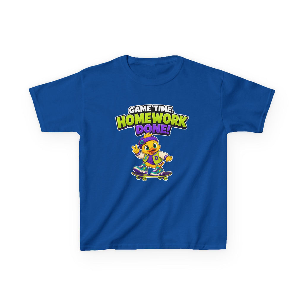 Kids Back-to-School T-Shirt — 'Game Time, Homework Done!' Skateboard Duck Graphic Tee